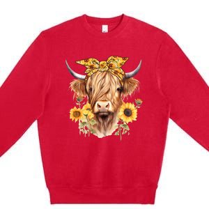 Cute Scottish Highland Cow Wearing Sunflower Bandana Heifer Premium Crewneck Sweatshirt