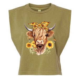 Cute Scottish Highland Cow Wearing Sunflower Bandana Heifer Garment-Dyed Women's Muscle Tee