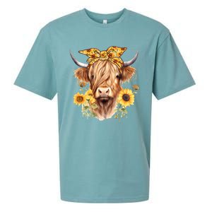 Cute Scottish Highland Cow Wearing Sunflower Bandana Heifer Sueded Cloud Jersey T-Shirt