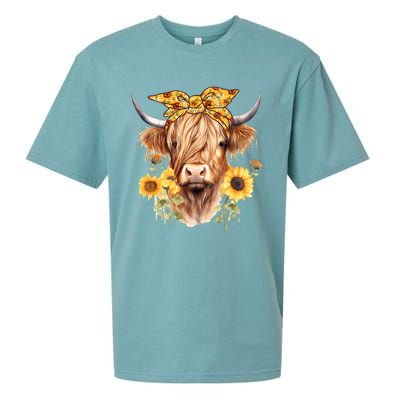 Cute Scottish Highland Cow Wearing Sunflower Bandana Heifer Sueded Cloud Jersey T-Shirt