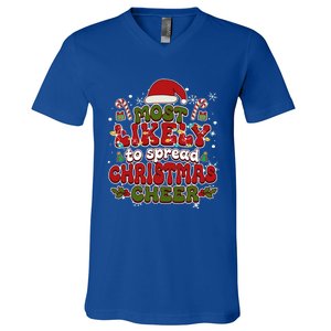 Christmas Santa Hat Most Likely To Spread Christmas Cheer Gift V-Neck T-Shirt