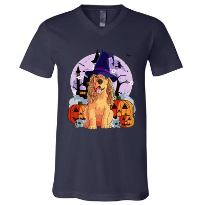 Cocker Spaniel Happy Halloween Dog Witch Pumpkin V-Neck T-Shirt