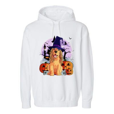 Cocker Spaniel Happy Halloween Dog Witch Pumpkin Garment-Dyed Fleece Hoodie