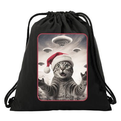 Cat Santa Hat Selfie With Alien UFO Funny Cat Christmas  Drawstring Bag
