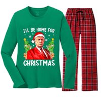 Christmas Santa Hat Ill Be Home For Xmas Funny Trump Gift Women's Long Sleeve Flannel Pajama Set 