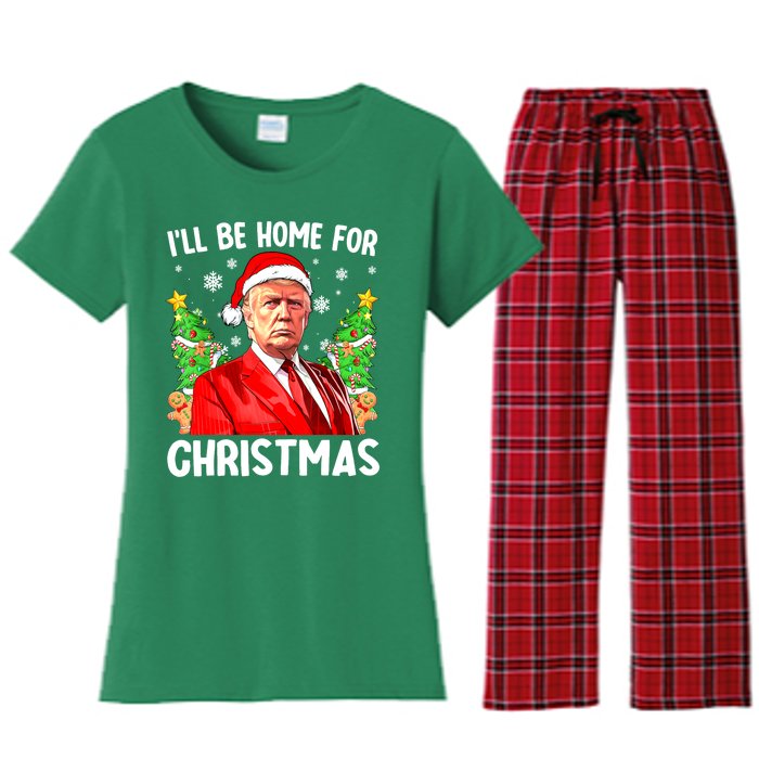 Christmas Santa Hat Ill Be Home For Xmas Funny Trump Gift Women's Flannel Pajama Set