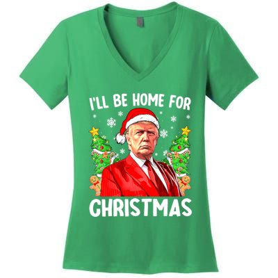 Christmas Santa Hat Ill Be Home For Xmas Funny Trump Gift Women's V-Neck T-Shirt