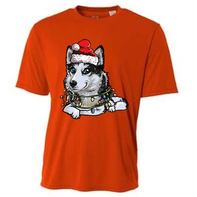 Cute Siberian Husky Santa Christmas Tree Lights Xmas Gift Cooling Performance Crew T-Shirt