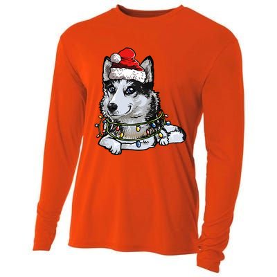 Cute Siberian Husky Santa Christmas Tree Lights Xmas Gift Cooling Performance Long Sleeve Crew