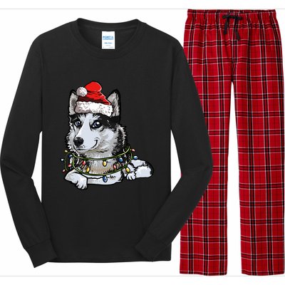 Cute Siberian Husky Santa Christmas Tree Lights Xmas Gift Long Sleeve Pajama Set