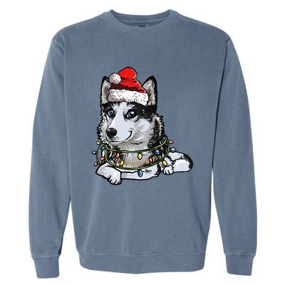 Cute Siberian Husky Santa Christmas Tree Lights Xmas Gift Garment-Dyed Sweatshirt