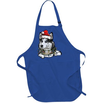 Cute Siberian Husky Santa Christmas Tree Lights Xmas Gift Full-Length Apron With Pockets