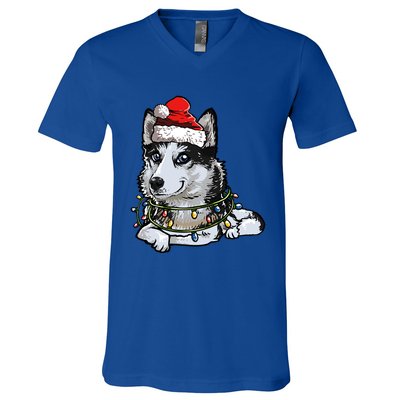 Cute Siberian Husky Santa Christmas Tree Lights Xmas Gift V-Neck T-Shirt