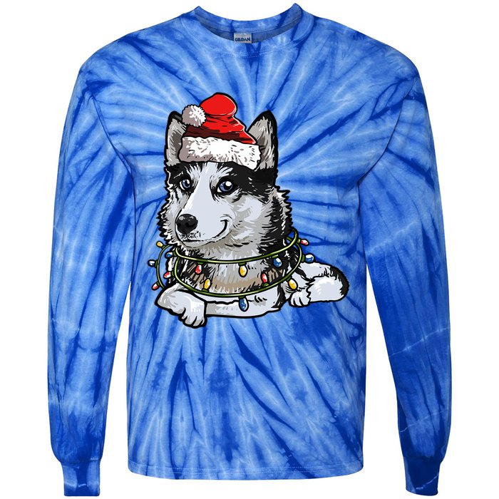 Cute Siberian Husky Santa Christmas Tree Lights Xmas Gift Tie-Dye Long Sleeve Shirt