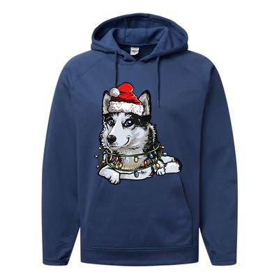 Cute Siberian Husky Santa Christmas Tree Lights Xmas Gift Performance Fleece Hoodie