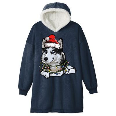 Cute Siberian Husky Santa Christmas Tree Lights Xmas Gift Hooded Wearable Blanket