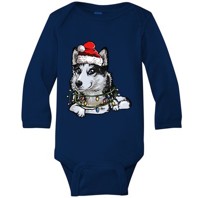 Cute Siberian Husky Santa Christmas Tree Lights Xmas Gift Baby Long Sleeve Bodysuit