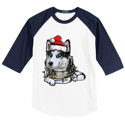 Cute Siberian Husky Santa Christmas Tree Lights Xmas Gift Baseball Sleeve Shirt