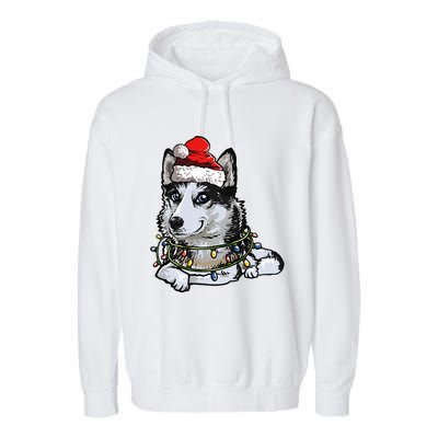 Cute Siberian Husky Santa Christmas Tree Lights Xmas Gift Garment-Dyed Fleece Hoodie