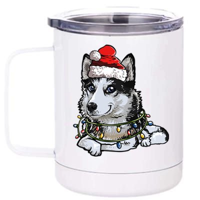 Cute Siberian Husky Santa Christmas Tree Lights Xmas Gift 12 oz Stainless Steel Tumbler Cup