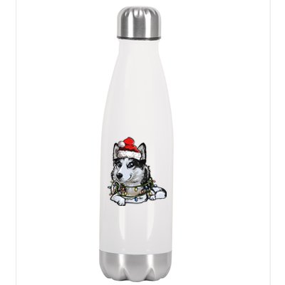 Cute Siberian Husky Santa Christmas Tree Lights Xmas Gift Stainless Steel Insulated Water Bottle