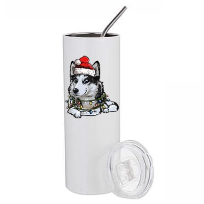 Cute Siberian Husky Santa Christmas Tree Lights Xmas Gift Stainless Steel Tumbler