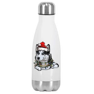 Cute Siberian Husky Santa Christmas Tree Lights Xmas Gift Stainless Steel Insulated Water Bottle