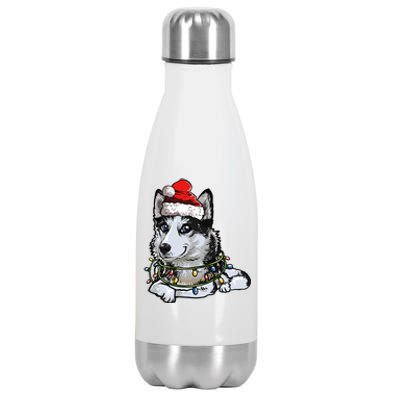 Cute Siberian Husky Santa Christmas Tree Lights Xmas Gift Stainless Steel Insulated Water Bottle