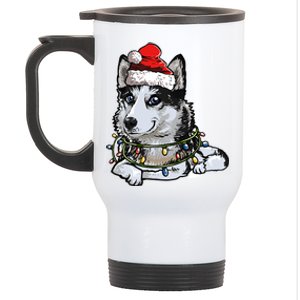 Cute Siberian Husky Santa Christmas Tree Lights Xmas Gift Stainless Steel Travel Mug