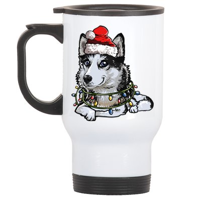 Cute Siberian Husky Santa Christmas Tree Lights Xmas Gift Stainless Steel Travel Mug