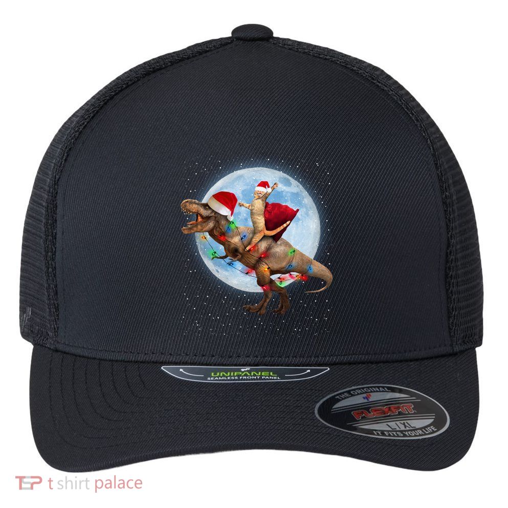 Cat Santa Hat Riding Dinosaur T Rex Moon Christmas Xmas Gift Flexfit Unipanel Trucker Cap