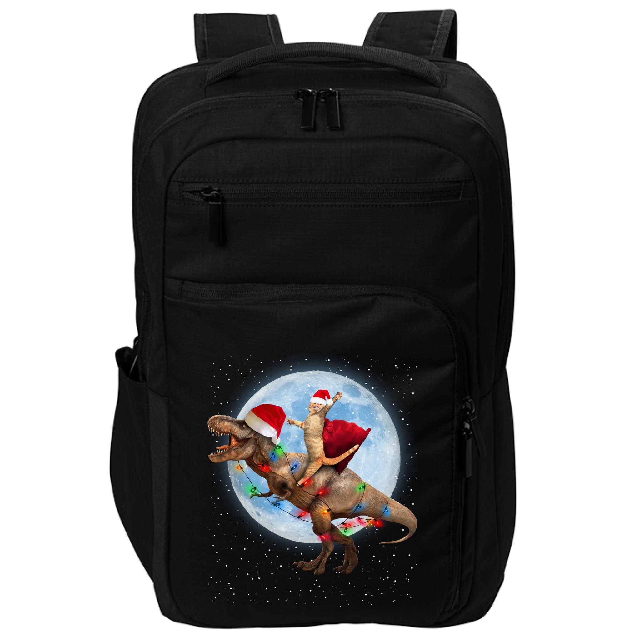 Cat Santa Hat Riding Dinosaur T Rex Moon Christmas Xmas Gift Impact Tech Backpack