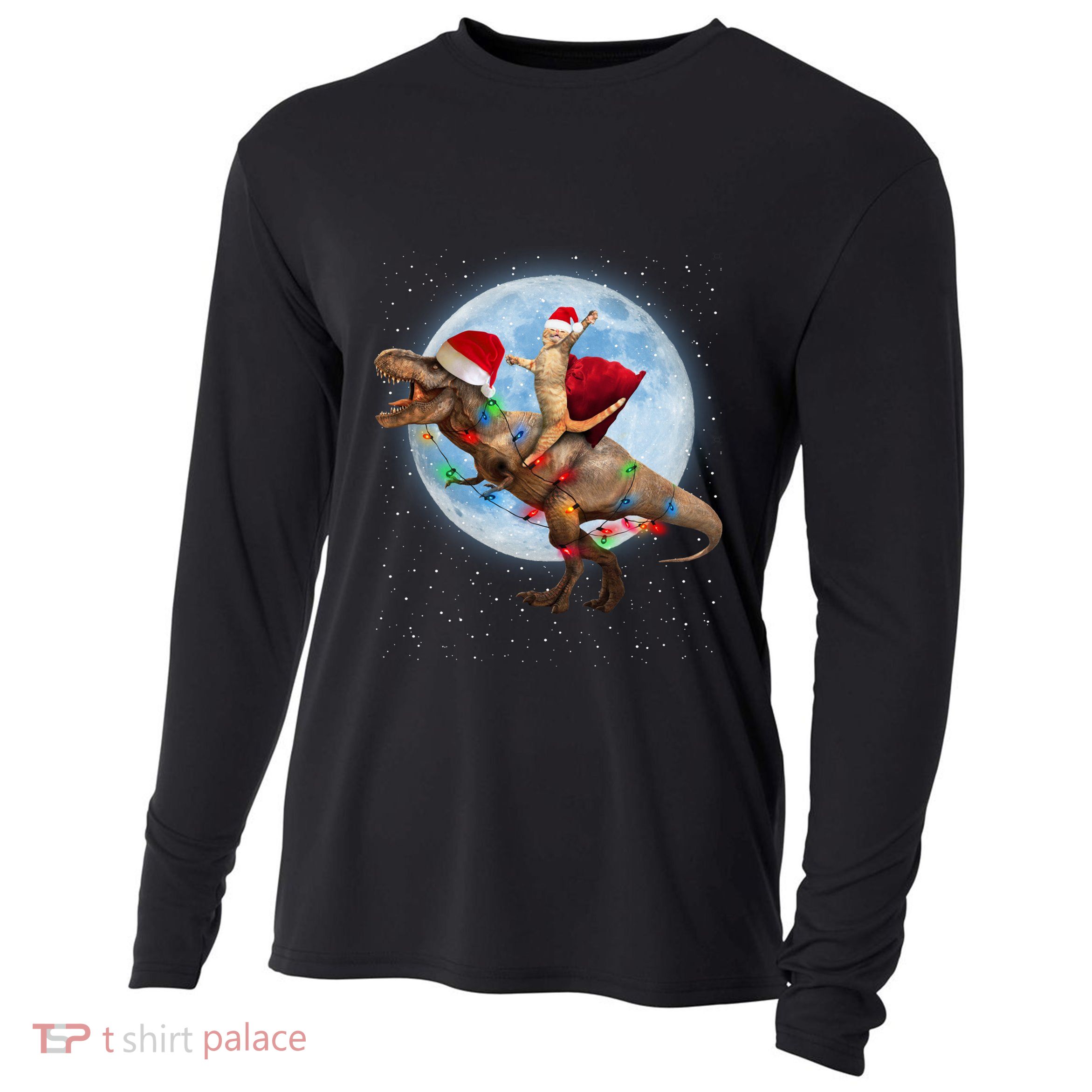 Cat Santa Hat Riding Dinosaur T Rex Moon Christmas Xmas Gift Cooling Performance Long Sleeve Crew