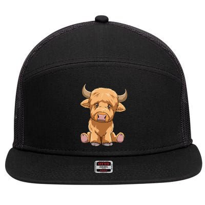 Cute Scottish Highland Cow Scotland animal 7 Panel Mesh Trucker Snapback Hat