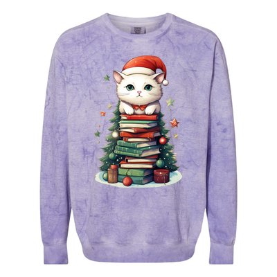 Cat Santa Hat Christmas Tree Book Lover Catmas Family Xmas Gift Colorblast Crewneck Sweatshirt