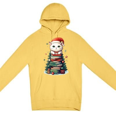 Cat Santa Hat Christmas Tree Book Lover Catmas Family Xmas Gift Premium Pullover Hoodie