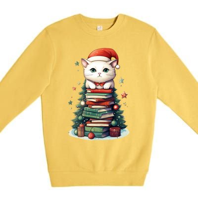 Cat Santa Hat Christmas Tree Book Lover Catmas Family Xmas Gift Premium Crewneck Sweatshirt