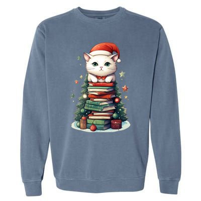 Cat Santa Hat Christmas Tree Book Lover Catmas Family Xmas Gift Garment-Dyed Sweatshirt