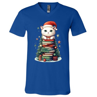 Cat Santa Hat Christmas Tree Book Lover Catmas Family Xmas Gift V-Neck T-Shirt