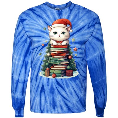 Cat Santa Hat Christmas Tree Book Lover Catmas Family Xmas Gift Tie-Dye Long Sleeve Shirt