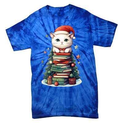 Cat Santa Hat Christmas Tree Book Lover Catmas Family Xmas Gift Tie-Dye T-Shirt