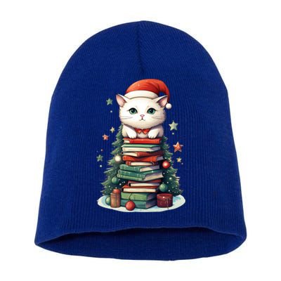 Cat Santa Hat Christmas Tree Book Lover Catmas Family Xmas Gift Short Acrylic Beanie