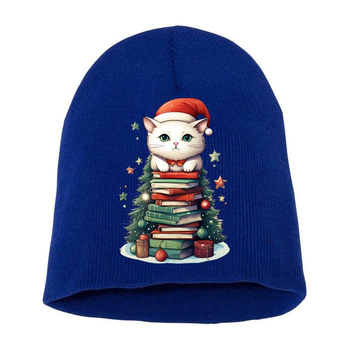 Cat Santa Hat Christmas Tree Book Lover Catmas Family Xmas Gift Short Acrylic Beanie