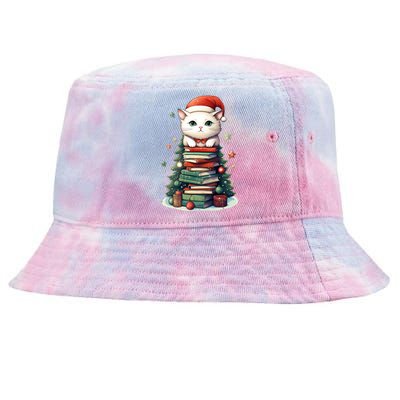 Cat Santa Hat Christmas Tree Book Lover Catmas Family Xmas Gift Tie-Dyed Bucket Hat