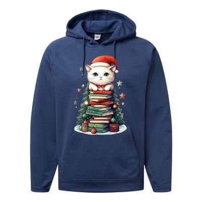 Cat Santa Hat Christmas Tree Book Lover Catmas Family Xmas Gift Performance Fleece Hoodie