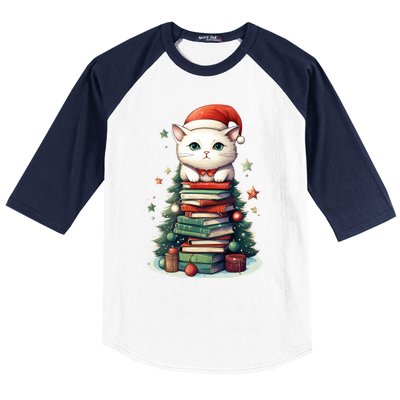 Cat Santa Hat Christmas Tree Book Lover Catmas Family Xmas Gift Baseball Sleeve Shirt