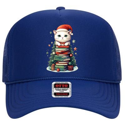 Cat Santa Hat Christmas Tree Book Lover Catmas Family Xmas Gift High Crown Mesh Back Trucker Hat