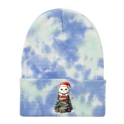 Cat Santa Hat Christmas Tree Book Lover Catmas Family Xmas Gift Tie Dye 12in Knit Beanie