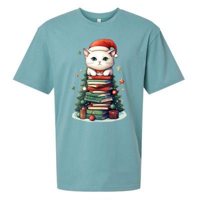 Cat Santa Hat Christmas Tree Book Lover Catmas Family Xmas Gift Sueded Cloud Jersey T-Shirt