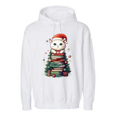 Cat Santa Hat Christmas Tree Book Lover Catmas Family Xmas Gift Garment-Dyed Fleece Hoodie